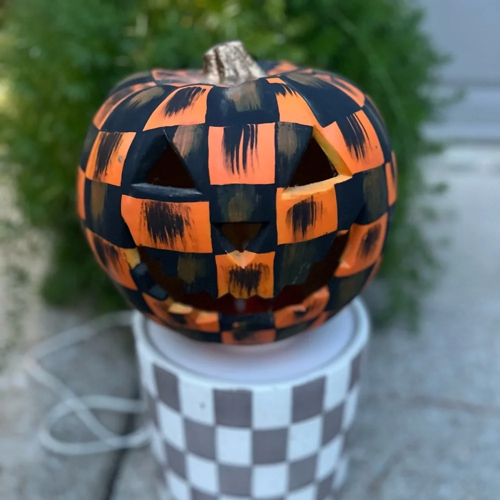 Orange and Black Checker Jack-O'-Lantern thick foam Lantern Hand painted
